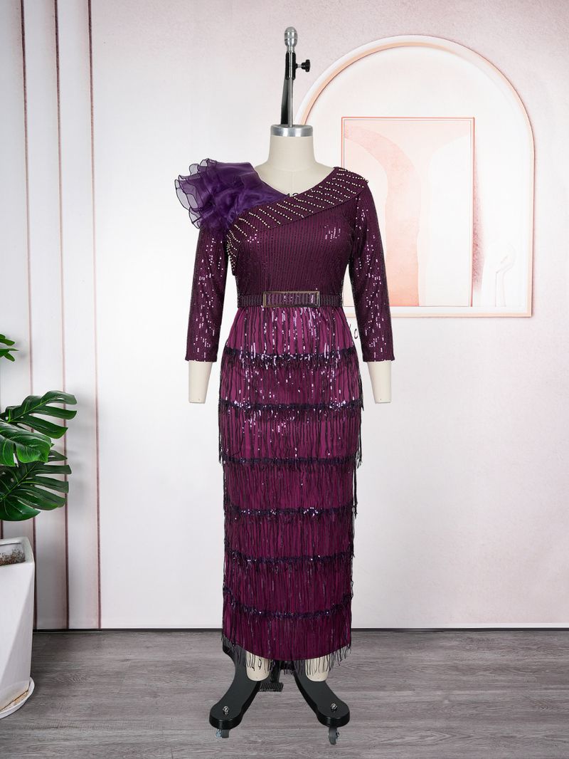 Plus Size Glitter Fringe Party Dress For Women - Elegant V-Neck Sequin Evening Gown With Layered Tulle Skirt (Wine Red, Royal Blue, Rose Purple)_voghion.com