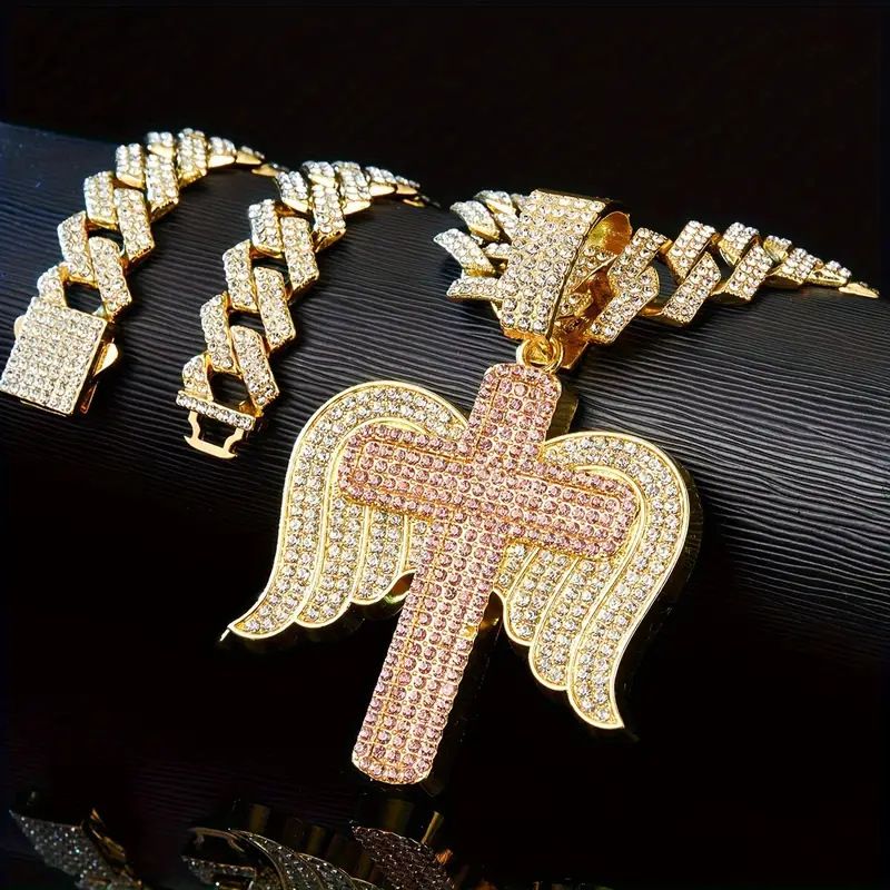New Style Rhinestone Personality Full Diamond Angel Wings Cross Pendant Hip-Hop Creative Necklace_voghion.com