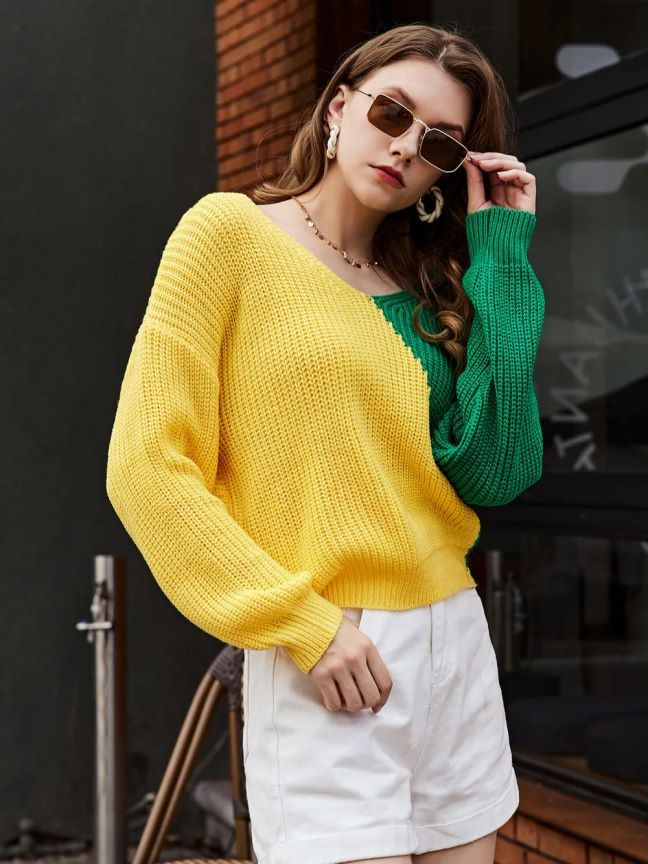 Maglione a V con giunture multicolori a maniche lunghe da donna_voghion.com