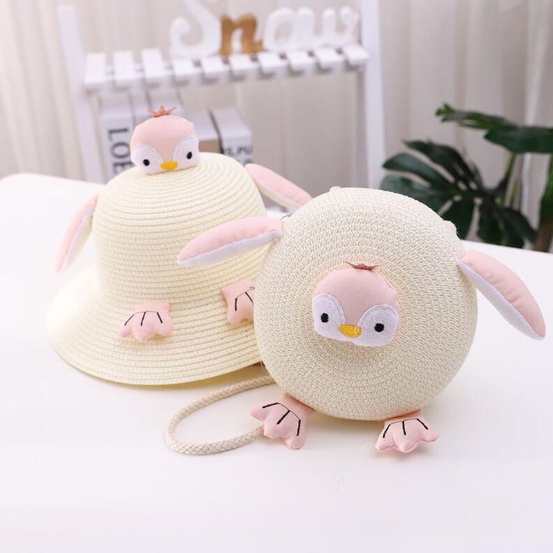 Borsa carina per bambini a forma di pinguino, turismo da spiaggia in paglia intrecciata, shopping, cappello parasole, cappello da vasca con cartoni animati_voghion.com