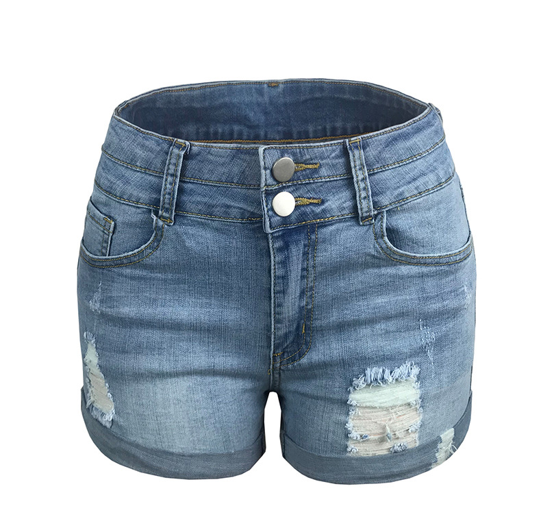 Pantaloncini in denim a vita alta da donna in stile europeo, elastici, alla moda, estivi, snellenti, con design a fori_voghion.com