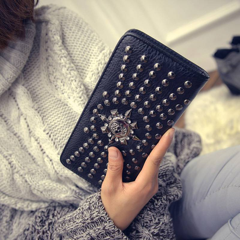 Punk Rivet Skull Long Women's Wallet Large Capacity Zero Wallet Multi Card Handheld Bag Wallet_voghion.com