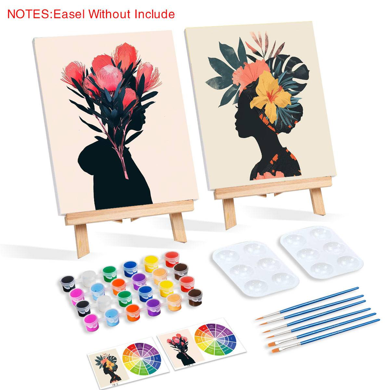 2pcs Framed Paint Kit Pre Drawn Canvas For Painting For Adults Stretched Canvas Flowers Women Art Set Diy Gifts Couple Paint Party 20x25cm/8x10inch_voghion.com