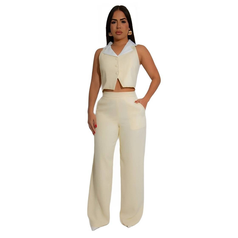 Completo casual da donna con blocchi di colore: top ampio e pantaloni a gamba dritta_voghion.com