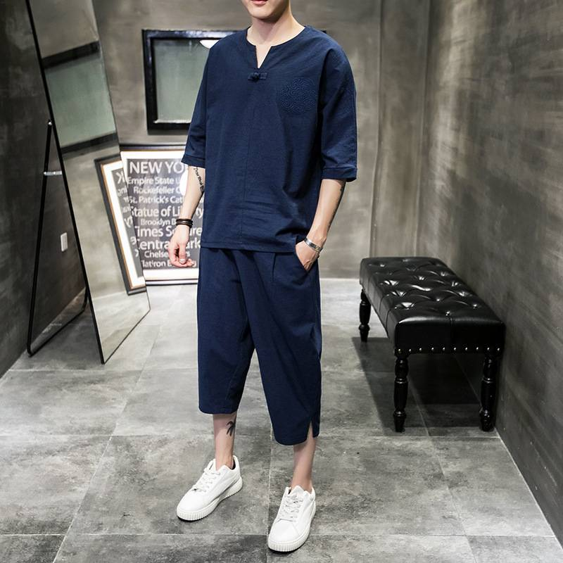 Men's Clothing Men's Cotton And Linen Embroidery Buttoned Large Size Cropped Pants Short Sleeved Suit Summer Linen Set_voghion.com