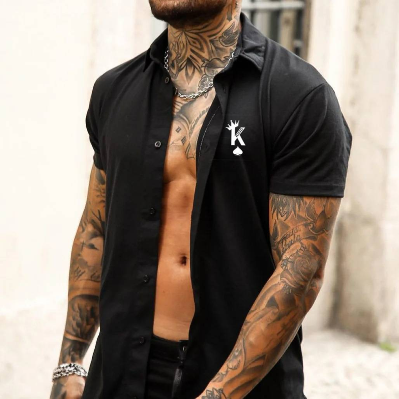 Camicia a maniche corte da uomo, alla moda, con stampa digitale, abbinata ai colori, casual, slim fit_voghion.com