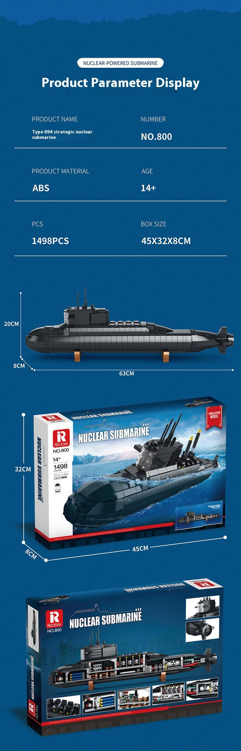 Reobrix800 Sous-marin nucléaire stratégique militaire, blocs de construction, modèle d'assemblage, jouets scientifiques éducatifs pour enfants_voghion.com