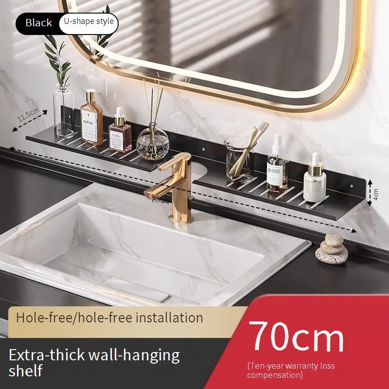 Rotguss/Schwarzes Badezimmerregal zur Wandmontage, rostfreier Wasserhahn-Organizer ohne Bohren für die Waschbecken-Arbeitsplatte, 30–80 cm großes Badezimmer-Aufbewahrungsregal_voghion.com