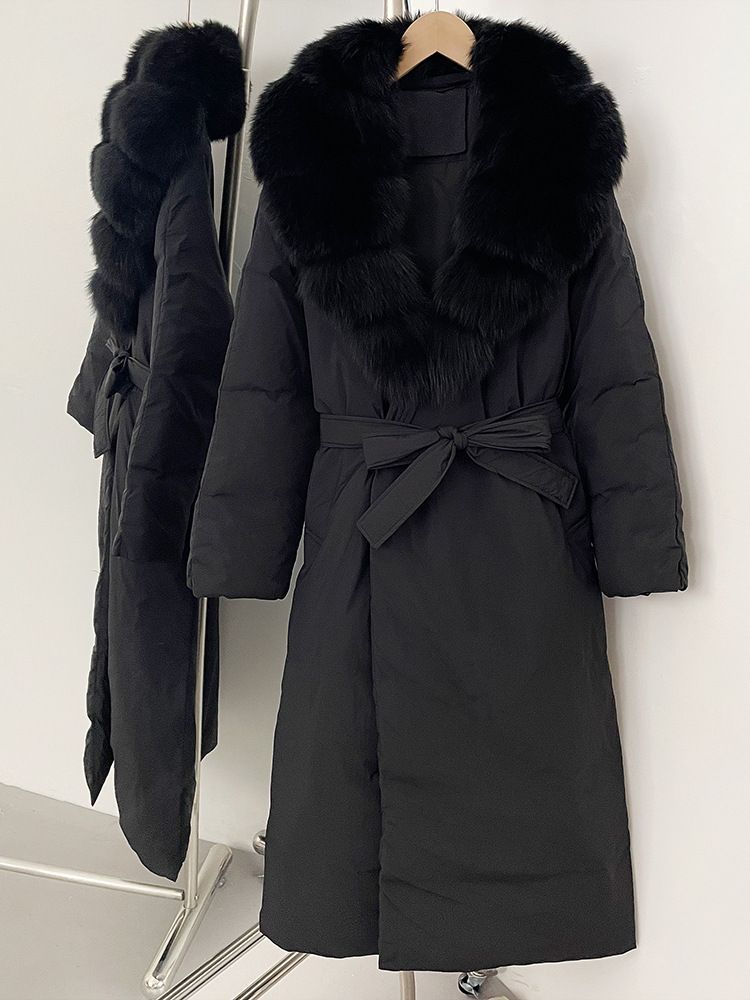 Damenbekleidung Langer Daunenmantel mit Fuchspelzbesatz und Gürtel in der Taille, Winterjacke mit schmaler Passform für Büro und Freizeit (mehrere Farboptionen)_voghion.com
