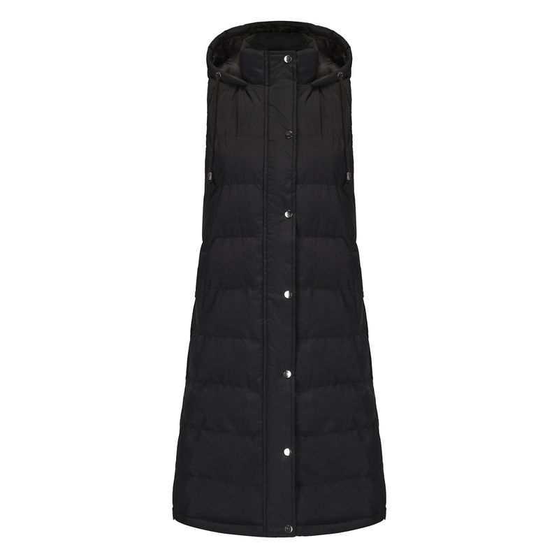 Women's Long Sleeveless Hooded Vest With Zip Front, Quilted Padded Jacket For Winter, Casual Outerwear In Solid Colors_voghion.com