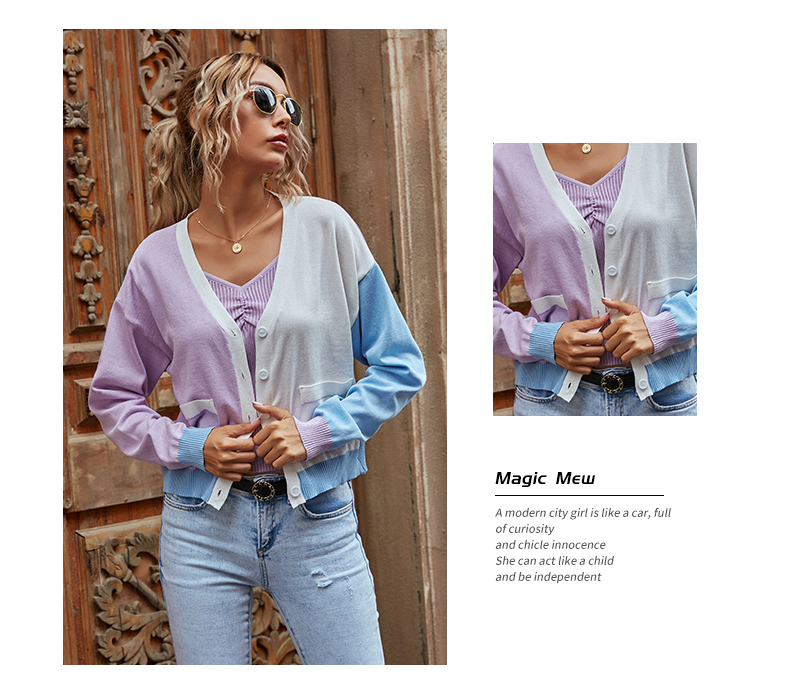 Kontrastfarbenes Design mit Knöpfen, lässiger langärmliger Kurzstrick-Cardigan_voghion.com