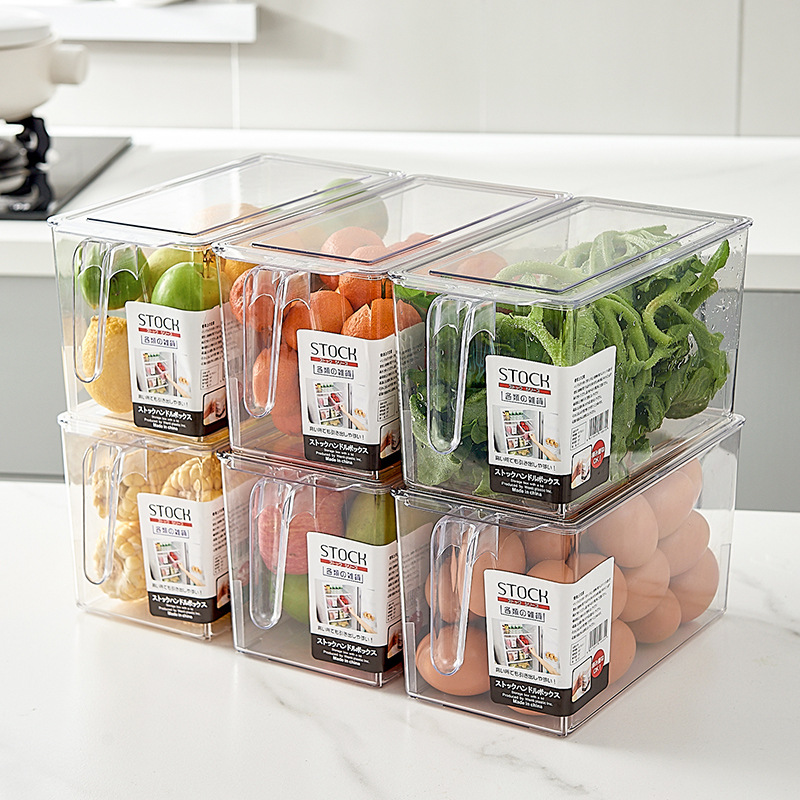 Las verduras y frutas de cocina hechas de material de alta transparencia con asa en la tapa se pueden apilar con una caja de almacenamiento en el refrigerador para mantenerlas frescas._voghion.com