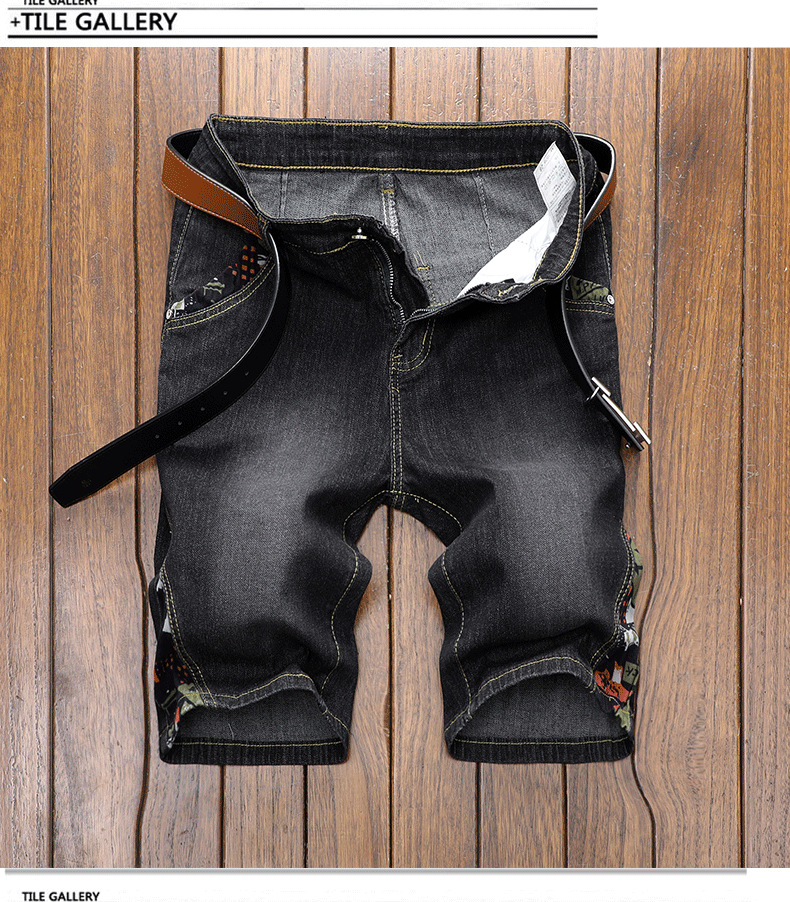 Herrenbekleidung Hipster Sommerjeans Herren Cropped Hose Bestickte Schwarze Stretch Slim Straight Mid-Length Hose_voghion.com