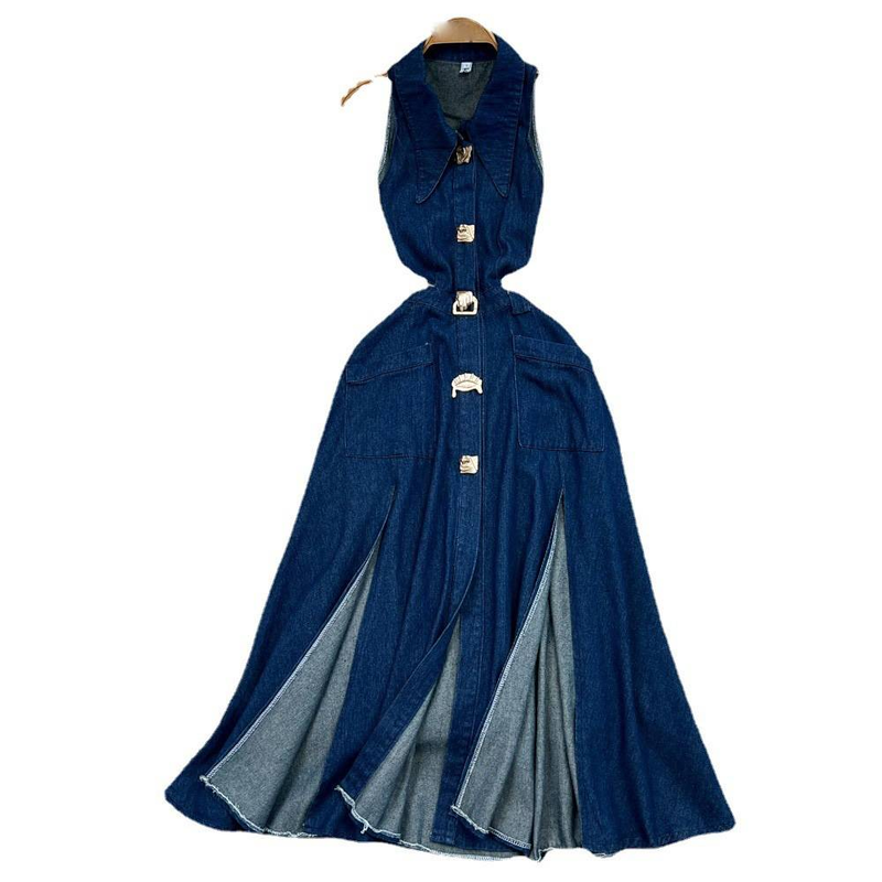 Damenbekleidung Retro Revers Hohle Taille Freiliegende Taille Schlankmachendes Ärmelloses Einreihiges A-Linien-Jeanskleid mit Schlitz Lässiger langer Rock_voghion.com