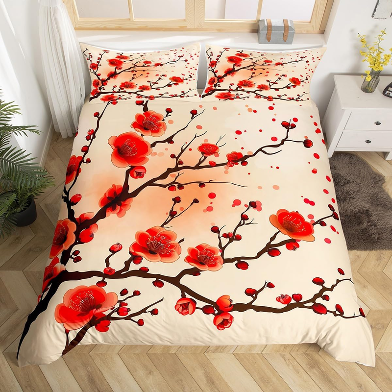 Copripiumino con fiori di ciliegio rossi, copripiumino in stile giapponese per lettino per bambini, set da letto con motivo floreale da giardino, set da letto in stile fattoria per la camera da letto._voghion.com