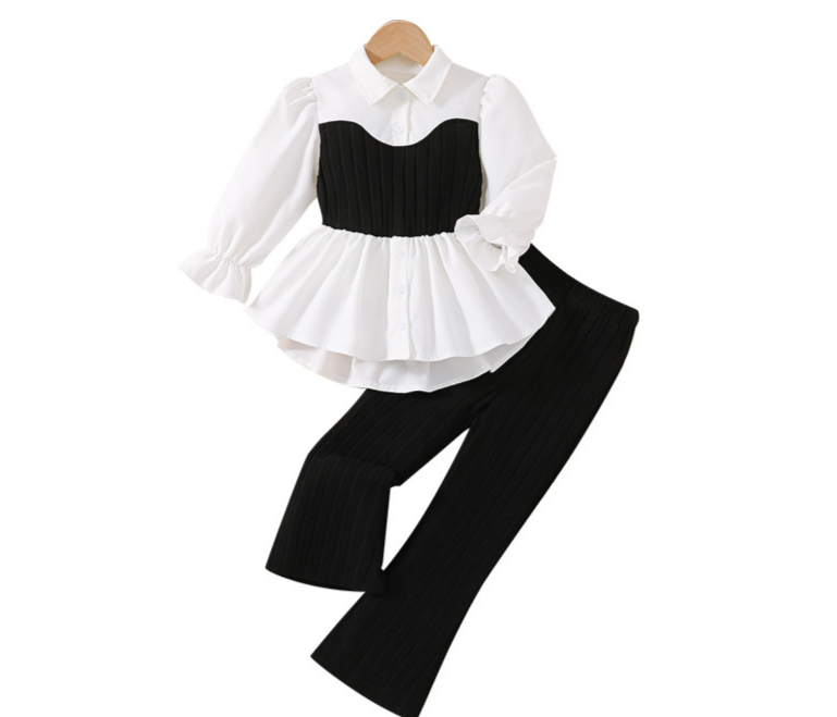 Anne ve Çocuk Dış Ticaret Kız Çocuk Takım Elbise Dantel Örme Yelek Patchwork Gömlek Küçük Stil Uzun Kollu Üst Örme Pantolon Çocuk İki Parça Takım Elbise_voghion.com