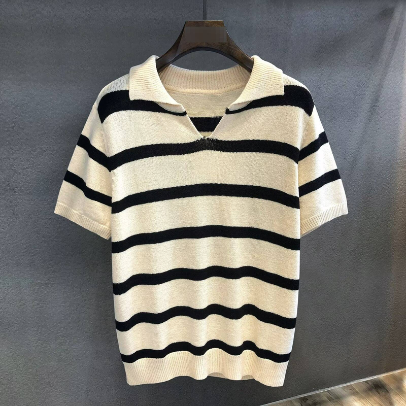 Polo da uomo estiva in maglia a righe con scollo a V e colori a contrasto, a maniche corte, alla moda, di alta qualità, con risvolto ampio_voghion.com