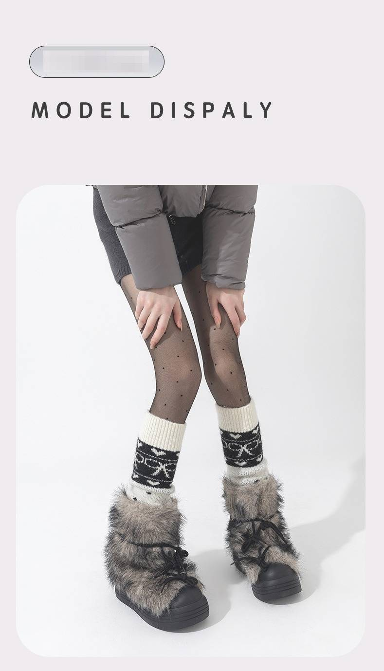 Wollsocken für Damen, Herbst und Winter, warm, verdickt, mit Liebesschleife, Wadenärmel, Maillard-Stil, gestrickte Florsocken_voghion.com
