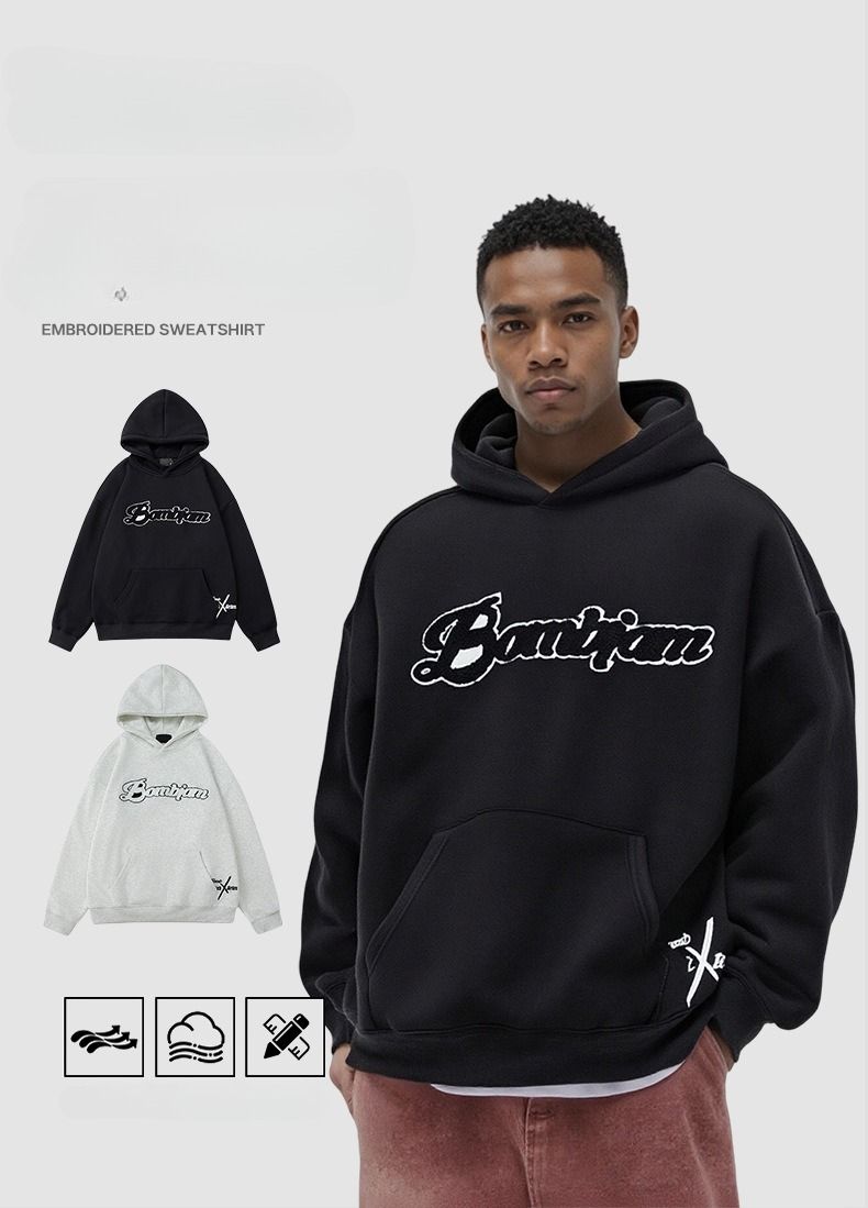 Heavyweight Hoodie – Oversized Pullover Sweatshirt With Embroidered Toweling Fabric (Unisex, M-XXL, Black/Cream)_voghion.com