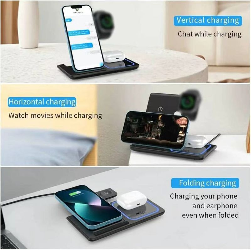 Stazione di ricarica rapida pieghevole 3 in 1, supporto per caricabatterie wireless da 15 W compatibile con iPhone 15, 14, 13, 12, 11/Pro/Max/Mini/Plus, X, XR_voghion.com