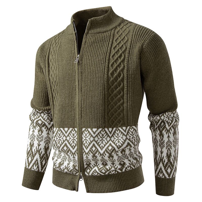 Lässiger Herrenpullover mit Stehkragen und Jacquardmuster, locker sitzende Strickjacke für große und große Größen, stilvolle Oberbekleidung mit offener Vorderseite_voghion.com