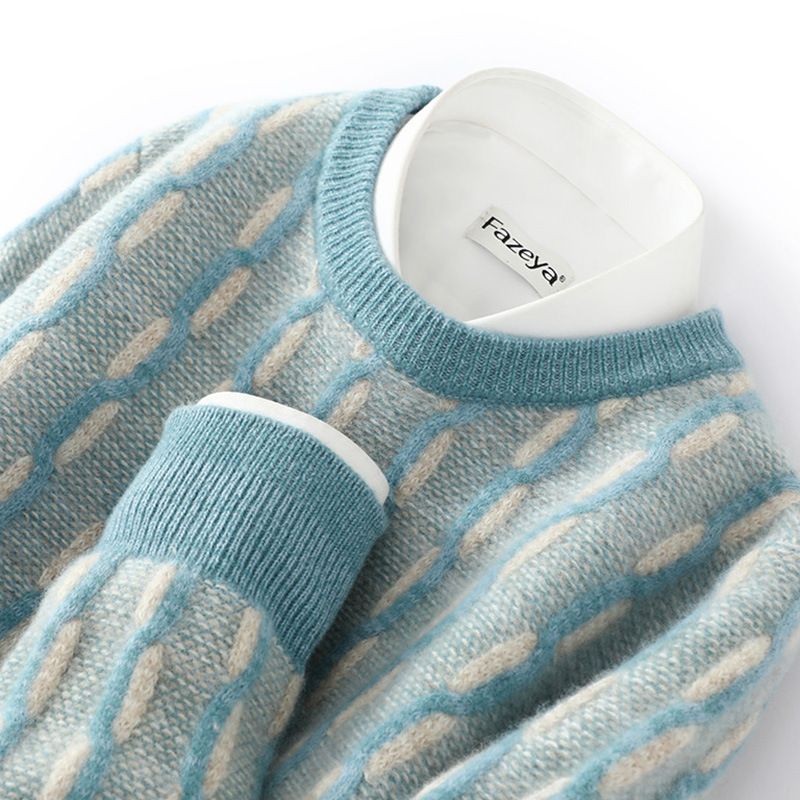 New thickened pure men's autumn and winter round neck contrasting color pullover loose casual wool knitted base sweater_voghion.com