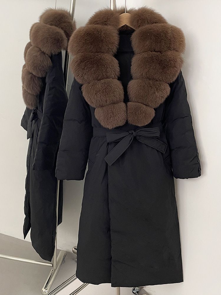 Damenbekleidung Langer Daunenmantel mit Fuchspelzbesatz und Gürtel in der Taille, Winterjacke mit schmaler Passform für Büro und Freizeit (mehrere Farboptionen)_voghion.com