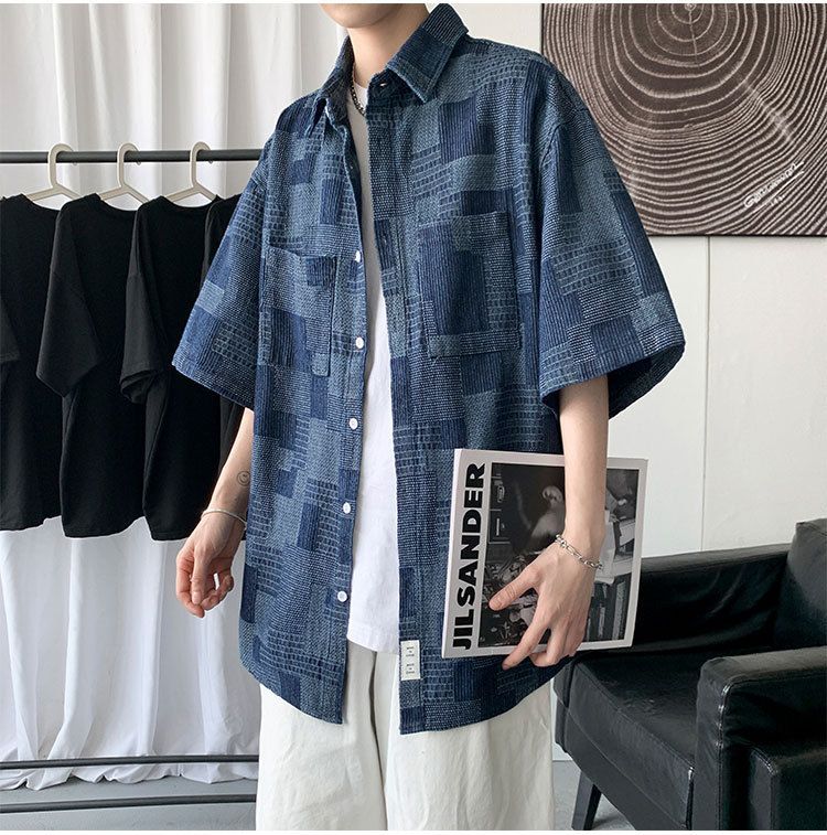 Camicia in denim a maniche corte a quadri estivi da uomo, alla moda, coordinata, alla moda, retrò, lavata._voghion.com