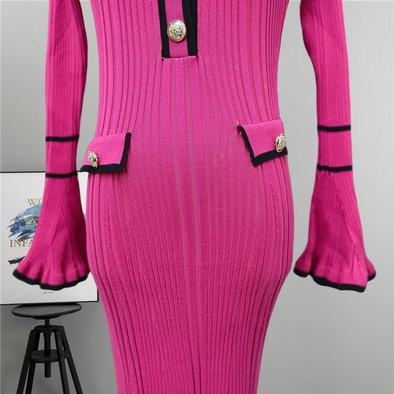 Inspired Strickkleid mit Babydoll-Kragen – X-Linien-Langarmkleid für Damen mit ausgestelltem Saum und Knopfdetail (S-XL, einfarbig, hohe Taille)_voghion.com