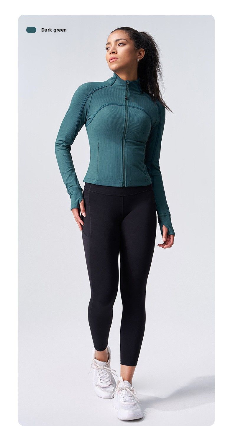 Jaqueta esportiva canelada de gola alta para uso externo, ideal para outono e inverno, com modelagem justa, perfeita para yoga, com mangas que imitam dedos e tecido grosso._voghion.com