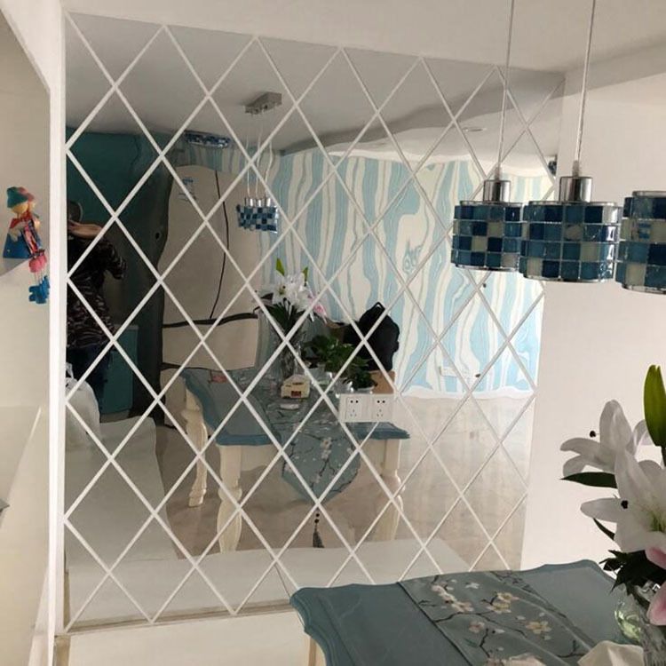 Adesivo de parede decorativo de espelho acrílico com emenda de diamante para hall de entrada TV sofá fundo de parede lente_voghion.com