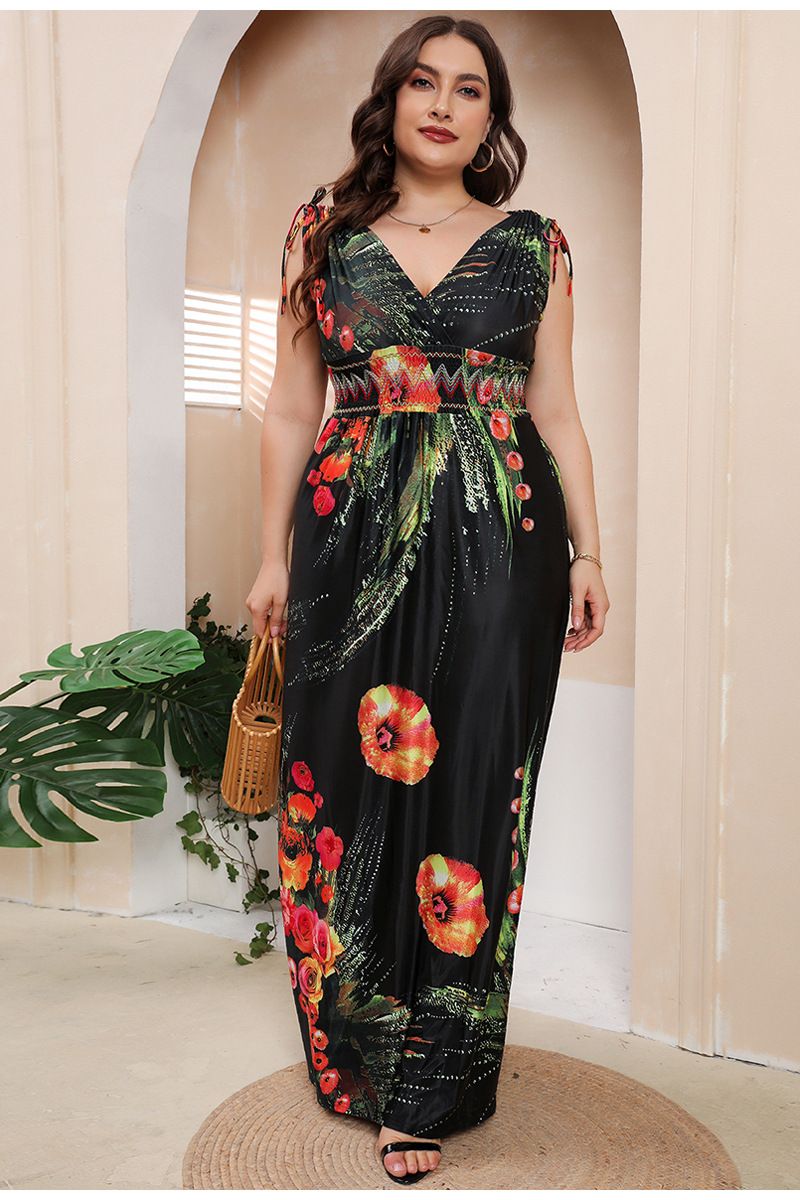 Vestido de seda de hielo con estampado de talla grande para mujer, vestido largo bohemio con escote en V y tallas grandes_voghion.com
