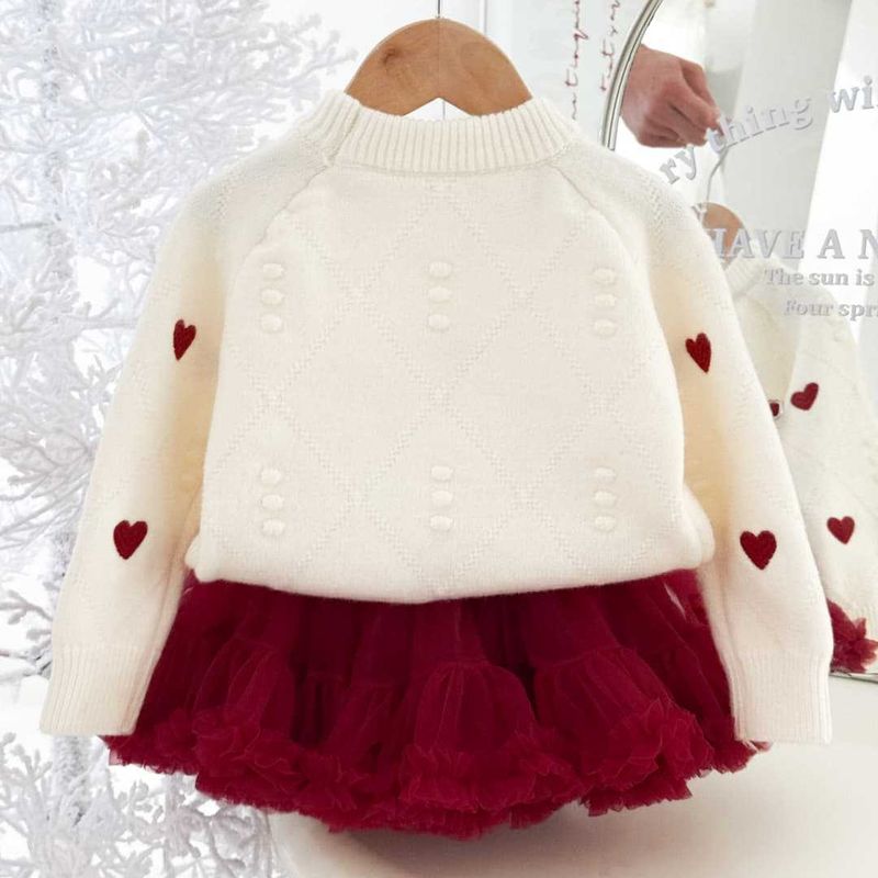 Maglione per bambine New Love Maglia Tops Maglione per bambine Camicia inferiore Gonna a palloncino Completo_voghion.com