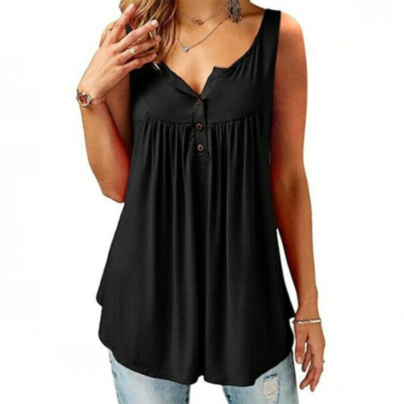 Women Ruffle Elegant O Neck Swing Tunic Blouses In Chic Design Button Sleeveless_voghion.com