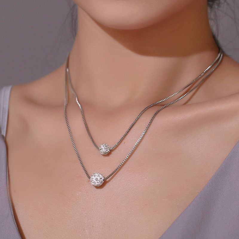 Collar de doble capa Shambhala con cadena de clavícula de bola de diamantes completa, conjunto de cadena de mujer simple coreana corta con diamantes completos_voghion.com