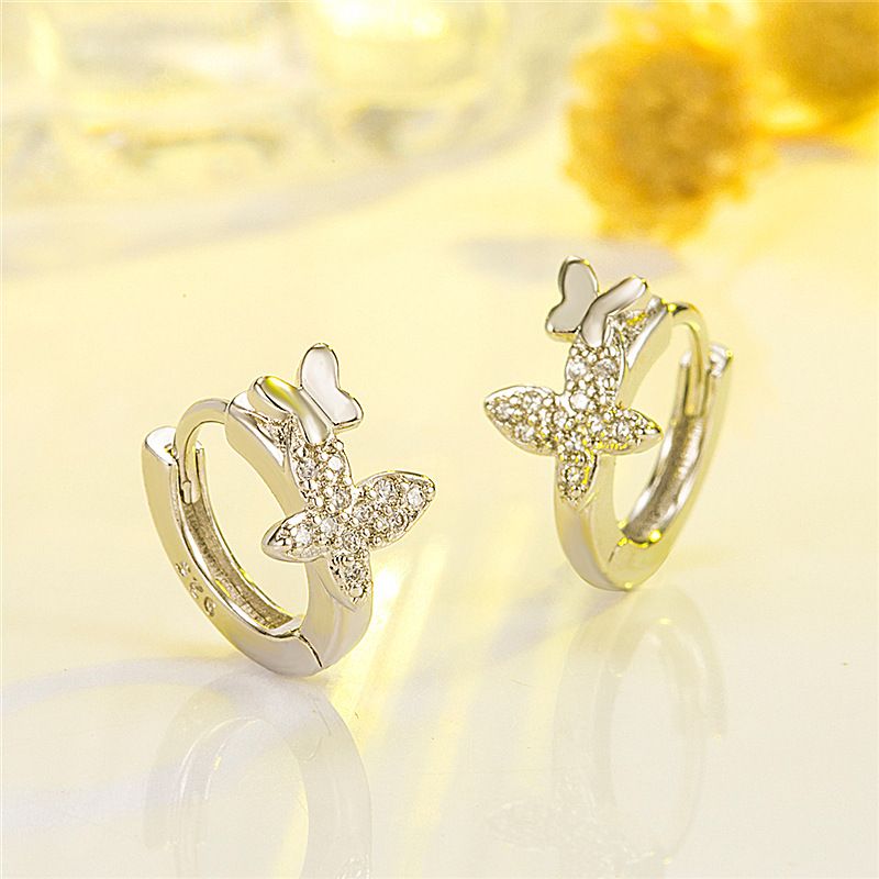 Boucles d'oreilles papillon coréennes en diamant pour femmes, tendance, créatives, incrustées de zircons, clous d'oreilles en argent_voghion.com