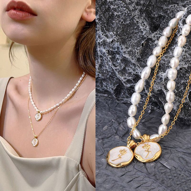 Collana di perle d'acqua dolce con catena a clavicola, rosa francese, luce di lusso, smalto in rame, goccia a goccia, olio, donna, primavera ed estate_voghion.com
