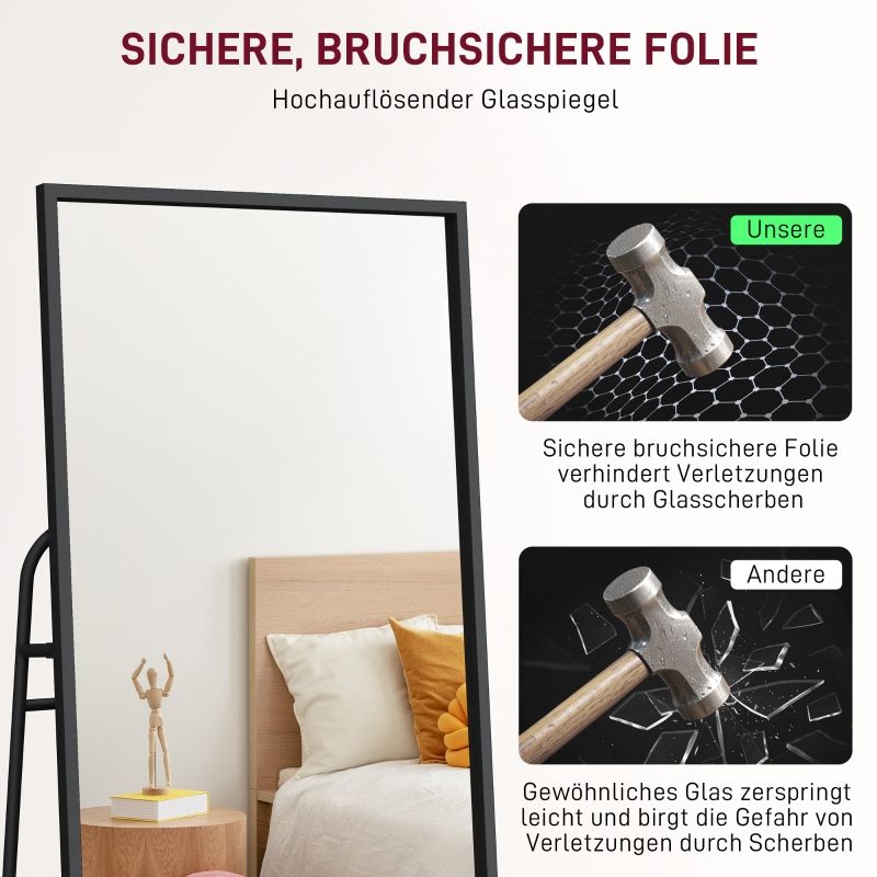 Ganzkörperspiegel Mit Industriellem Design, Hinteres Regal, 2 Haken, Schwarz_voghion.com