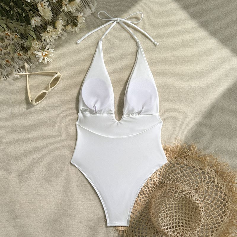 Maillot de bain une pièce en nylon brillant pour femme, décolleté en V profond, bikini_voghion.com