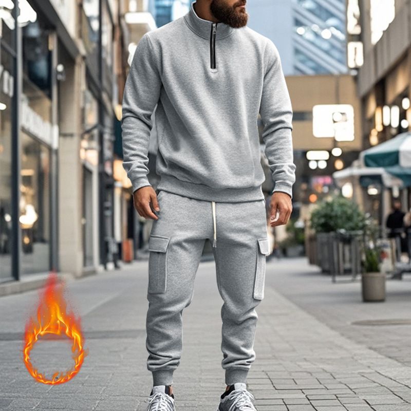 Fleecegefüttertes Sweatshirt-Set mit Viertelreißverschluss für Herren – Slim Fit Thermo-Jogging-Outfit für Herbst und Winter_voghion.com