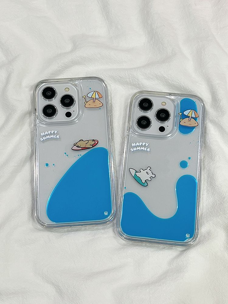 Summer Surfing Puppy Floating Liquid Cae For IPhone 15 Pro Max 14 16 Dynamic Moving Around Water Cover Clear Hard_voghion.com