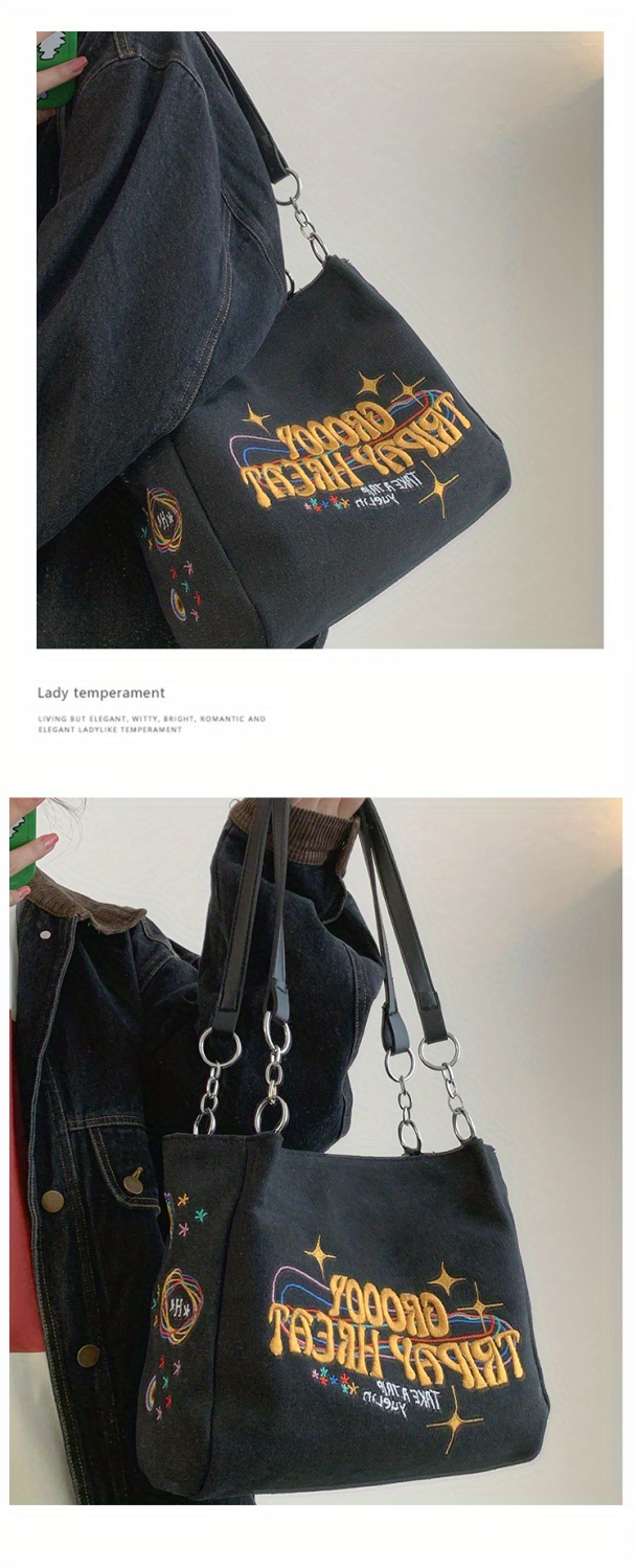 Borsa tote con grafica semplice ricamata, borsa a tracolla in tela con decorazioni in metallo di grande capacità, borsa per pendolari per tutti gli abbinamenti_voghion.com