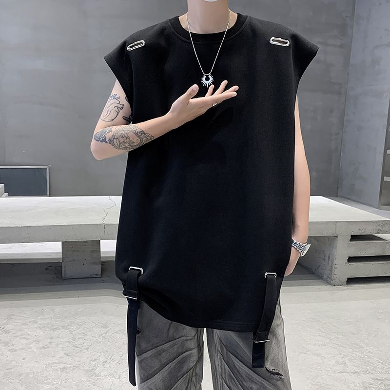 High Street Sleeveless T-shirt With Small Neckline Design, Camisole, Men's Trendy Summer American Short Sleeved Shirt_voghion.com