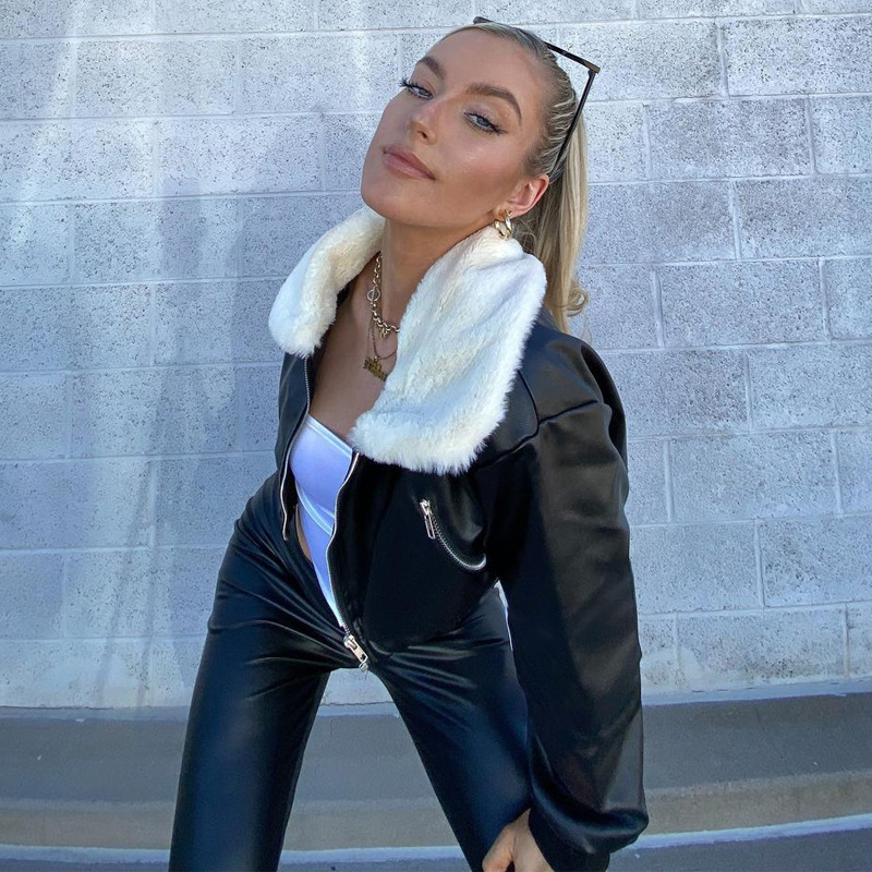 Showmirrror revers top met lange mouwen effen bont ruches pu leren jas winter damesmode kunstleer streetwear pluche_voghion.com