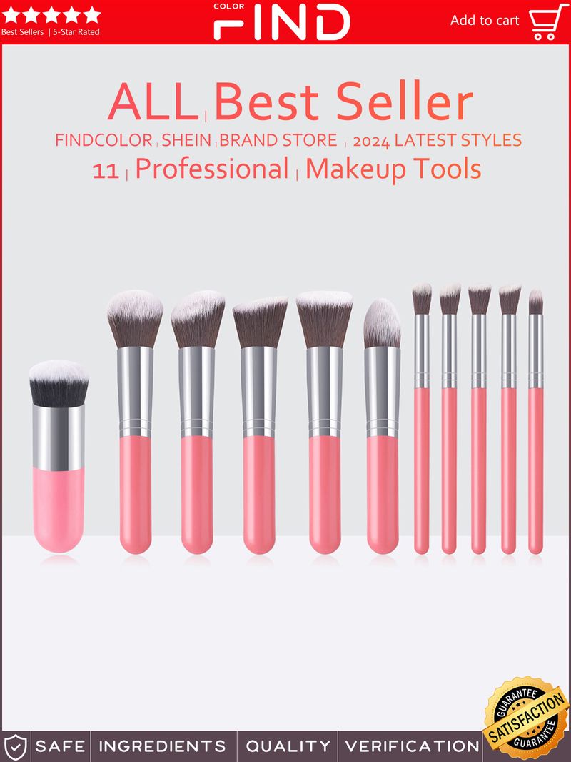 Ensemble de 11 pinceaux de maquillage couleur champagne : 5 grands et 5 petits pinceaux, dont un pinceau à fond de teint épais unique._voghion.com