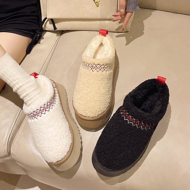 2025 Winter Fleece-gevoerde warme comfortabele dikke zool sneeuwkatoenen ronde neus instappers voor dames antislip_voghion.com