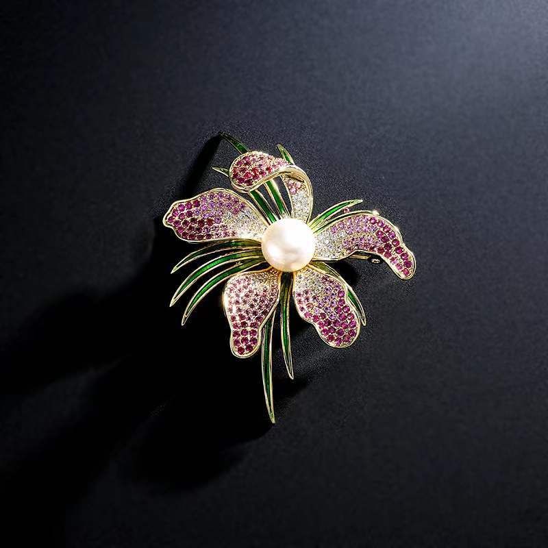 Pfingstrose Brosche Korea Schwerindustrie Micro-intarsien Farbe Zirkonium Brosche Abzeichen Blume Zirkon Pin Abendessen Kleid Lila Gold_voghion.com