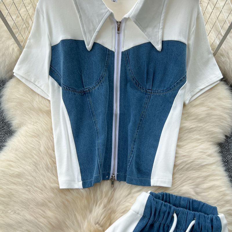 Ensemble complet de vêtements d'été pour femmes, haut décontracté à manches courtes et taille haute, pantalon large en denim à revers rétro, deux pièces_voghion.com