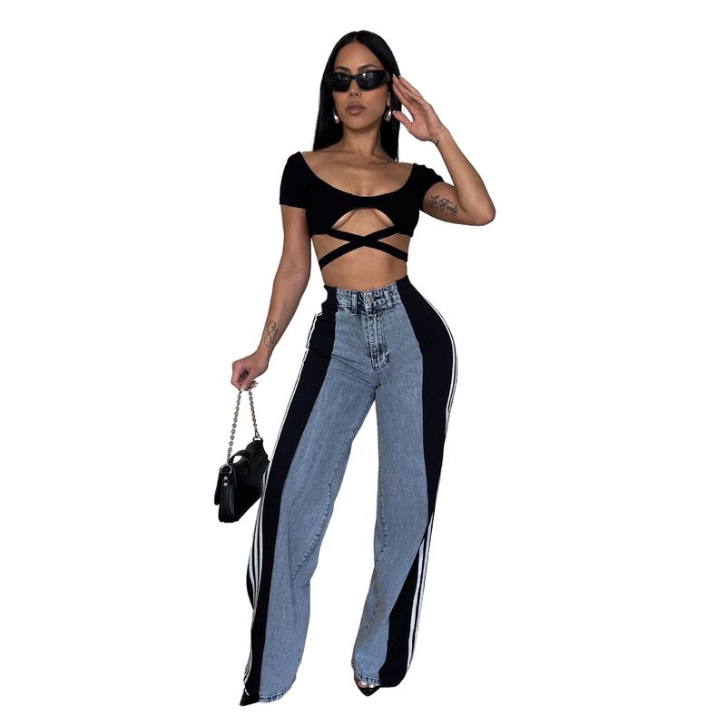 Ropa de mujer Pantalones vaqueros de pierna ancha con tres rayas y empalme de moda de verano Pantalones rectos elásticos de cintura alta informales nuevos para mujer_voghion.com