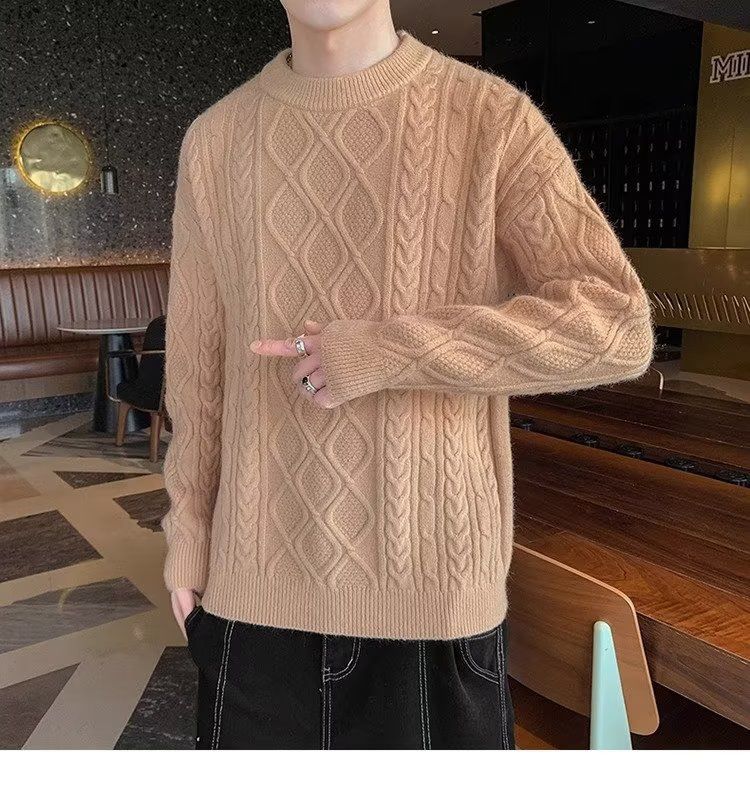 "Herren-Zopfmusterpullover – Dicker Jacquard-Strickpullover im koreanischen Stil mit Rundhalsausschnitt für Herbst und Winter – Weiß/Khaki/Schwarz"_voghion.com